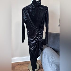 Lena asymmetrical black ruched velveteen long sleeve evening dress, size M